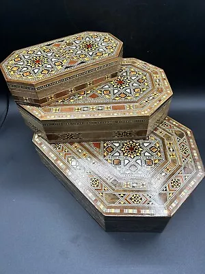 Set Of 3 Vintage Octagonal Wooden Trinket Box Inlay Mother Of Pearl Mosaic Lined • $29.70