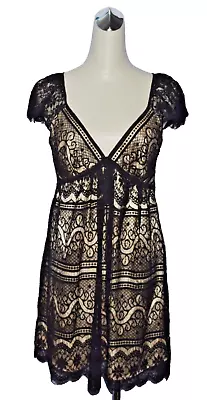 Milly New York Size 4 S Small Black Lace Over Beige Nude Silk Dress • $44.99