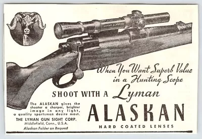 1950 LYMAN ALASKAN RIFLE LENSES AD Vintage 3 X5  Magazine 1950's M584 • $1