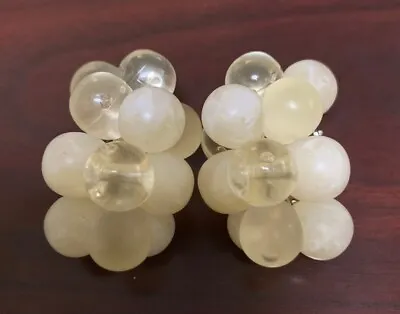 Vintage Clip On Hugger Earrings Plastic White & Clear Beads- Free Shipping • $10