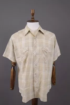 Vintage Wrangler Beige Check Short Sleeve Pockets Snap Western Shirt Size 17 • $49.99