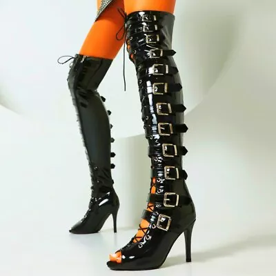 Summer Thigh High Boots Women Strappy Buckle Over The Knee Sandals Open Toe Pump • $88.99