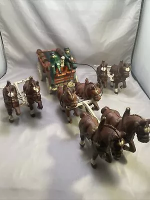 Cast Iron Clydesdale Beer Wagon Metal 8 Horses Drawn Cart Wagon 27  Barrels Dog • $37.50