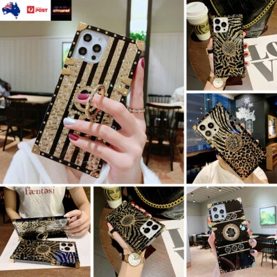 $14.71 • Buy For IPhone 14 Pro Max 13 12 11 XR Glitter Bling Gold Flower Square Case W/Ring