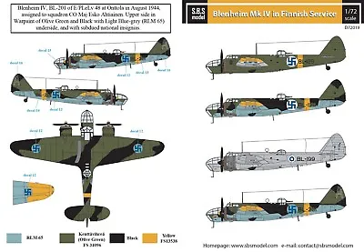 £10.90 • Buy SBS Model 1/72 Bristol Blenheim Mk.IV In Finnish Service Decal Sheet D72019