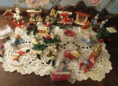 $16 • Buy Large VINTAGE Lot Wooden WOOD Christmas Tree Ornaments Angels Sleds Teddy
