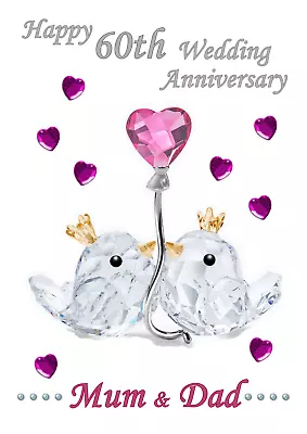 £2.95 • Buy 60th Wedding Anniversary Love Birds A5 Anniversary Card -  Any NAMES