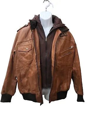 Mens Genuine Black Hooded Bomber Leather Jacket | Real Lambskin Waxed Brown Leat • $144.99