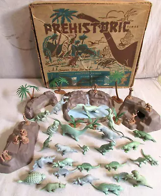 1960's Marx Boxed Playset Prehistoric Times Dinosaurs Cavemen Rocks Palm Trees • $78