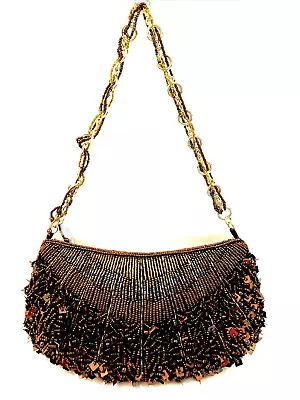 Vtg Moni Coutour Ladies Gold Brown Iridesent Beads Evening Purse 9  Strap • $27.90