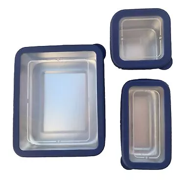 3 Pottery Barn Kids Stainless Steel Lunch Box System Bento Containers Blue Lids • $14.99