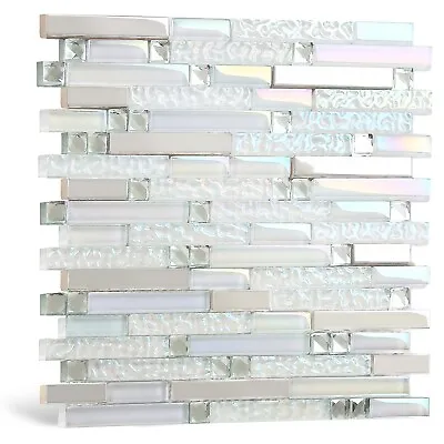 Glass Tile Iridescent White Kitchen Backsplash Tiles Bathroom Mosaic Box Of 5 • $86.85