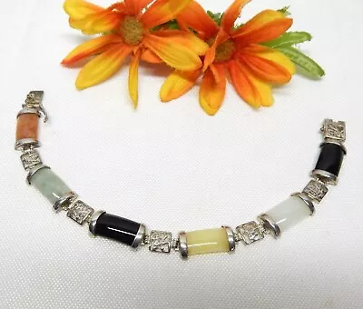 Vintage Dbj 925 Sterling Silver Multicolor Jade & Onyx Gemstone Link Bracelet 8  • $9.99