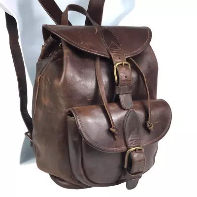 Vintage Distressed Rugged Thick Leather Backpack Drawstring Flap Travel Bag • $61.97