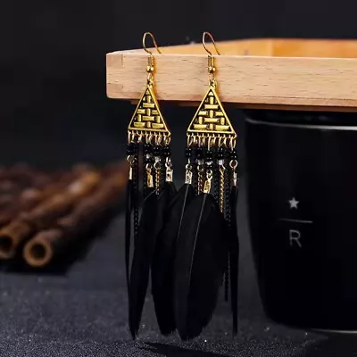 Fashion Women Bohemian Ancient Gold Earrings Feather Beads Pyramid Tassel 1486 • $5.99