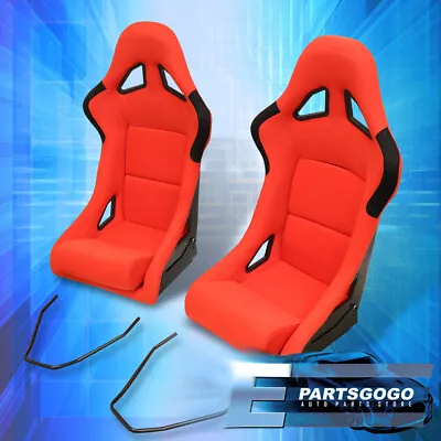 Universal Pair Red Cloth Black Accent Racing Bucket Seats W/ Adjustable Sliders • $283.99