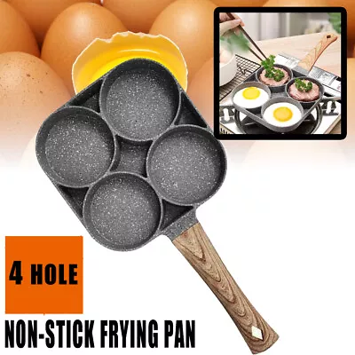 4 Round Hole Kitchen Non-Stick Omelet Egg Pancake Burger Pan Maker Wooden Handle • £8.97