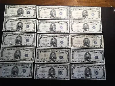 15 1953 Series 5 Dollar Silver Certificates Circulated Some Little Nicer • $149