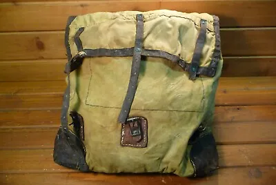 Vintage Heavy Tan Canvas & Leather Backpack Rucksack Pack Bag Mountain Man • $38