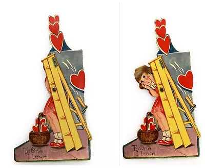 Vtg 1920's Mechanical Valentine Shy Blushing Girl Hiding Behind Ladder - Germany • $9.99