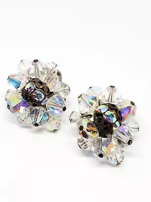 Austrain Crystal Brass Beaded Aurora Borealis Rhinestone Clip On Vintage Earring • $14.40