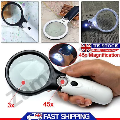 Handheld 45X Magnifier Reading Magnifying Glass Jewelry Loupe With 3 LED Light • £5.60