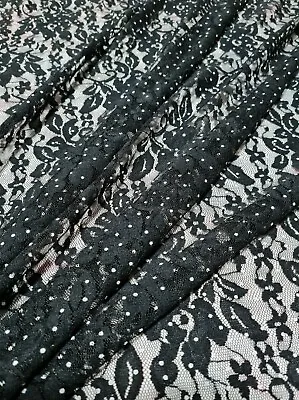 Floral Lace Fabric Spotted Printed Stretch Black - Sold By The Metre • £4.99