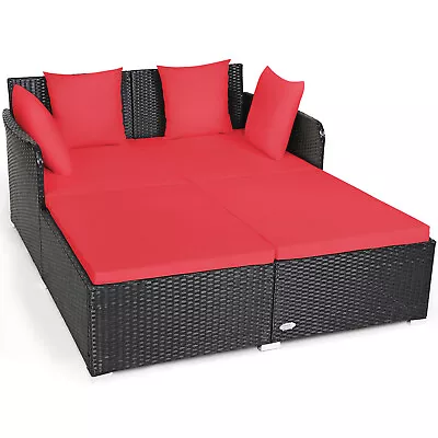 Patiojoy Outdoor Patio Rattan Daybed Thick Pillows Cushioned Sofa Furniture Red • $219.99