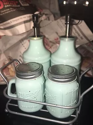 Mason Jar Ltabletop Condiment With Caddy Fab 40s Teal🏡Retro Appeal ⭐️ • $12.29