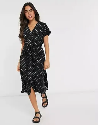 New Warehouse Black Polka Dot Spotted Spot Button Up Front Midi Tea Dress Uk 12 • £45