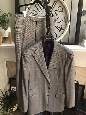 RALPH LAUREN PURPLE LABEL Men's Cashmere Suit Flat Front Black Beige Check 42L • $569.99