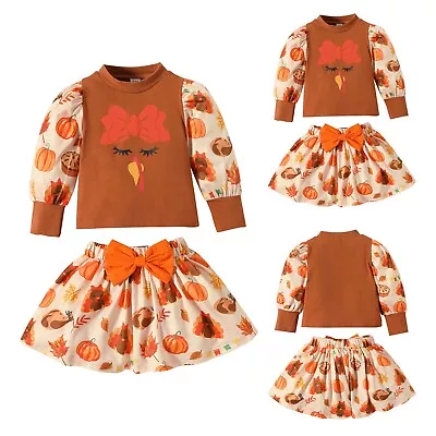 Baby Girls Set Thanksgiving Turkey Pumpkin Print Long Sleeve Skirt Two Piece • $17.84