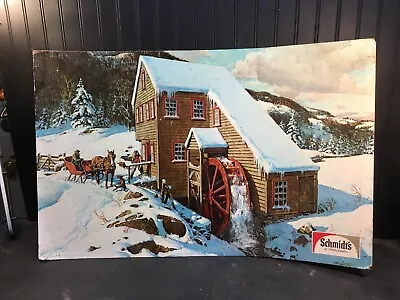 Vintage Schmidt's Beer Cardboard Poster Advertisement Winter Water Wheel Sleigh • $71.99