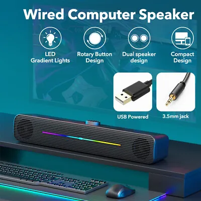 LED USB Wired Computer Speakers Sound Bar Stereo Bass For Desktop PC Laptop • £11.99