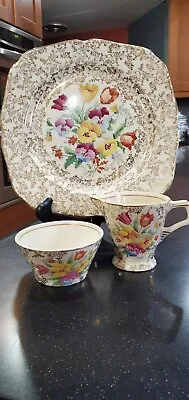 H And K Tunstall England Plate Olde English Sampler Cream And Sugar On 9  Square • $35