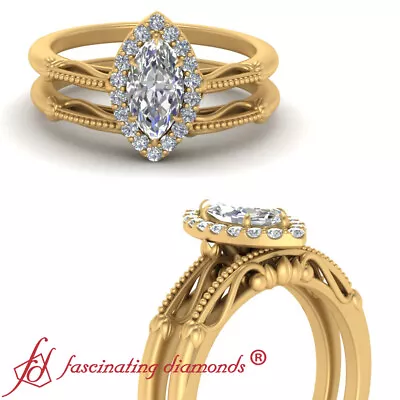 Marquise Cut Diamond Vintage Halo Engagement Ring And Matching Band 0.65 Carat • $2932.99