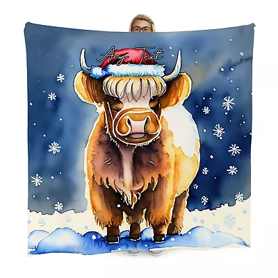 Highland Cow - Christmas Scene Fleece Throw Blanket | 150cm X 150cm • £33.99