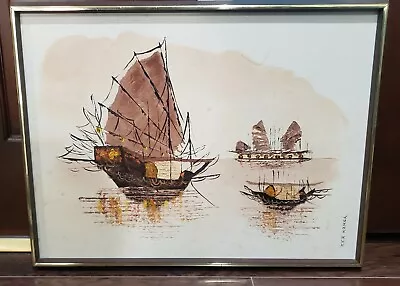 Original Vintage Oil Painting Signed Jean Ann MCM Chinese Junk Ships Boats • $43.31