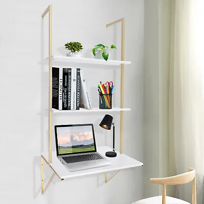 Desk Wall Mount Ladder Desk 3 Tier Floating Shelves White And Gold Desk Desk • $75