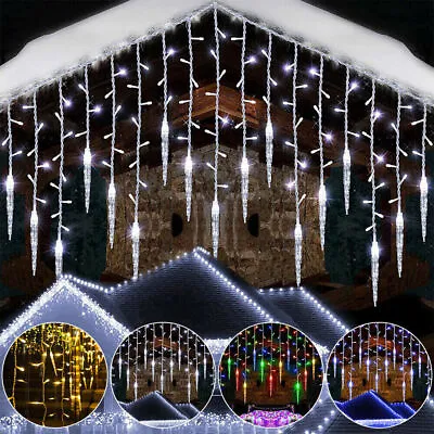 Christmas LED Icicle Falling Rain Curtain Fairy String Lights Outdoor Xmas Party • £5.99