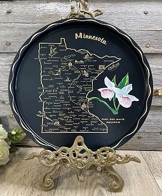 Vintage Minnesota State Souvenir Tray Round Black Tin Pink & White Flower • $10
