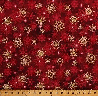 Cotton Snowflakes Gold Metallic On Red Christmas Fabric Print By Yard D404.02 • $12.95