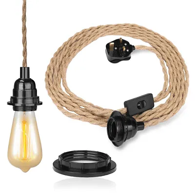 Rustic Hemp Rope Pendant Lamp Light Cord With Plug In Cord E27 Fitting Vintage • £9.99