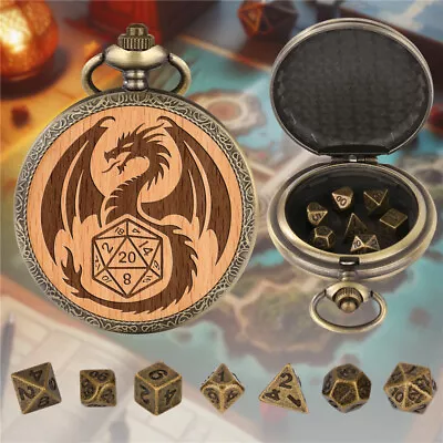 7pcs Metal Polyhedral Dice Set Dragon Pocket Watch Case Table Role Play Game • $7.35