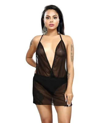 £9.86 • Buy Women's Black Sheer Halterneck See Through Micro Mini Dress Partywear 549