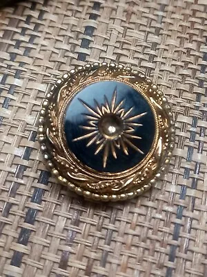 Vintage Victorian Revival Black Glass Mourning Brooch Numbered Gold Tone • $25