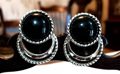 Vintage Signed Sarah Coventry Black Cabochon & Silver Tone Clip On Earrings • $25