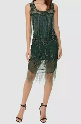 $299 Unique Vintage Women's Green Hand Beaded Fringed Sleeveless Dress Size 2XL • £48.59