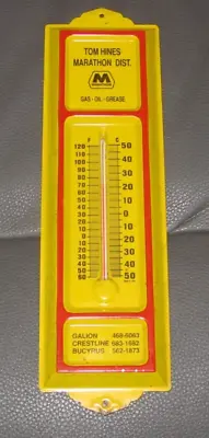 MARATHON DIST TOM HINES VINTAGE Advertising Thermometer GAS OIL GREASE Yellow Re • $100