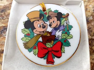 MICKEY'S CHRISTMAS CAROL Round Christmas Ornament White Disc W/ Gold Trim Japan • $12.74